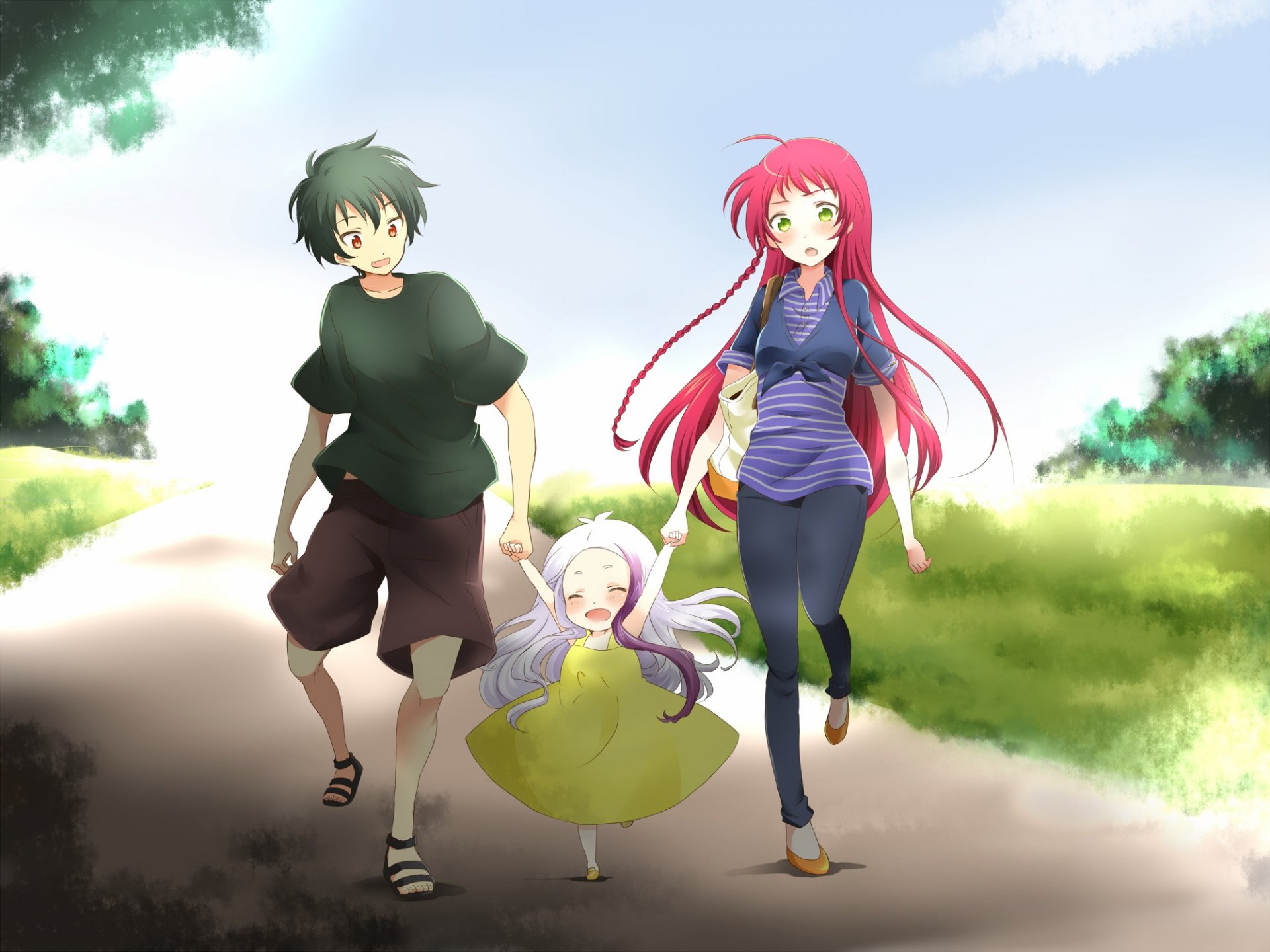 anime art hataraku maou-sama maou sadao yusa emi branche de tapisserie petit ami fille fille trio promenade