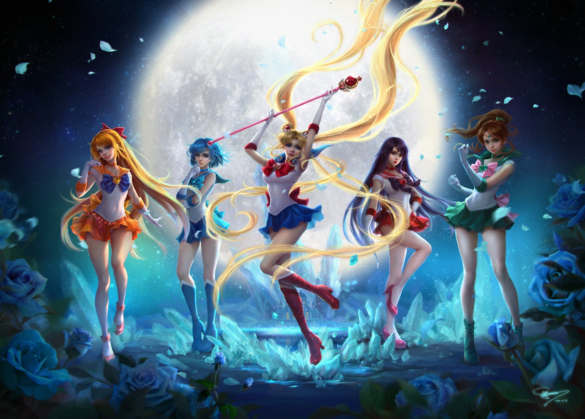 art sunmomo anime bishoujo senshi sailor moon tsukino usagi sailor moon aino minako sailor venus sailor mars hino rei mizuno ami żeglarz rtęci sailor jupiter kino makoto dziewczyny księżyc kwiaty róże noc niebo gwiazdy