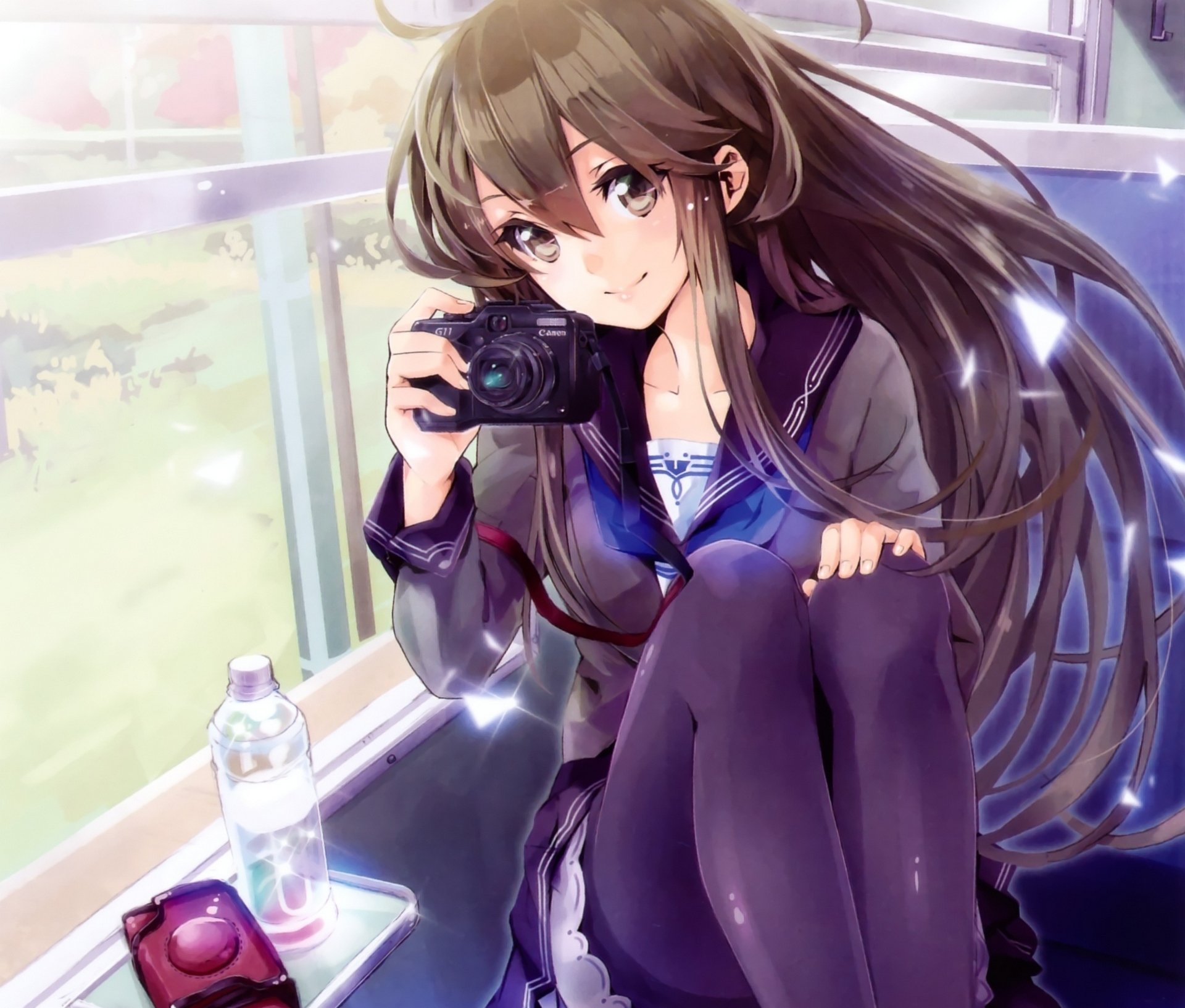 art yuugen girl train window a camera schoolgirl smile anime a bottle nature