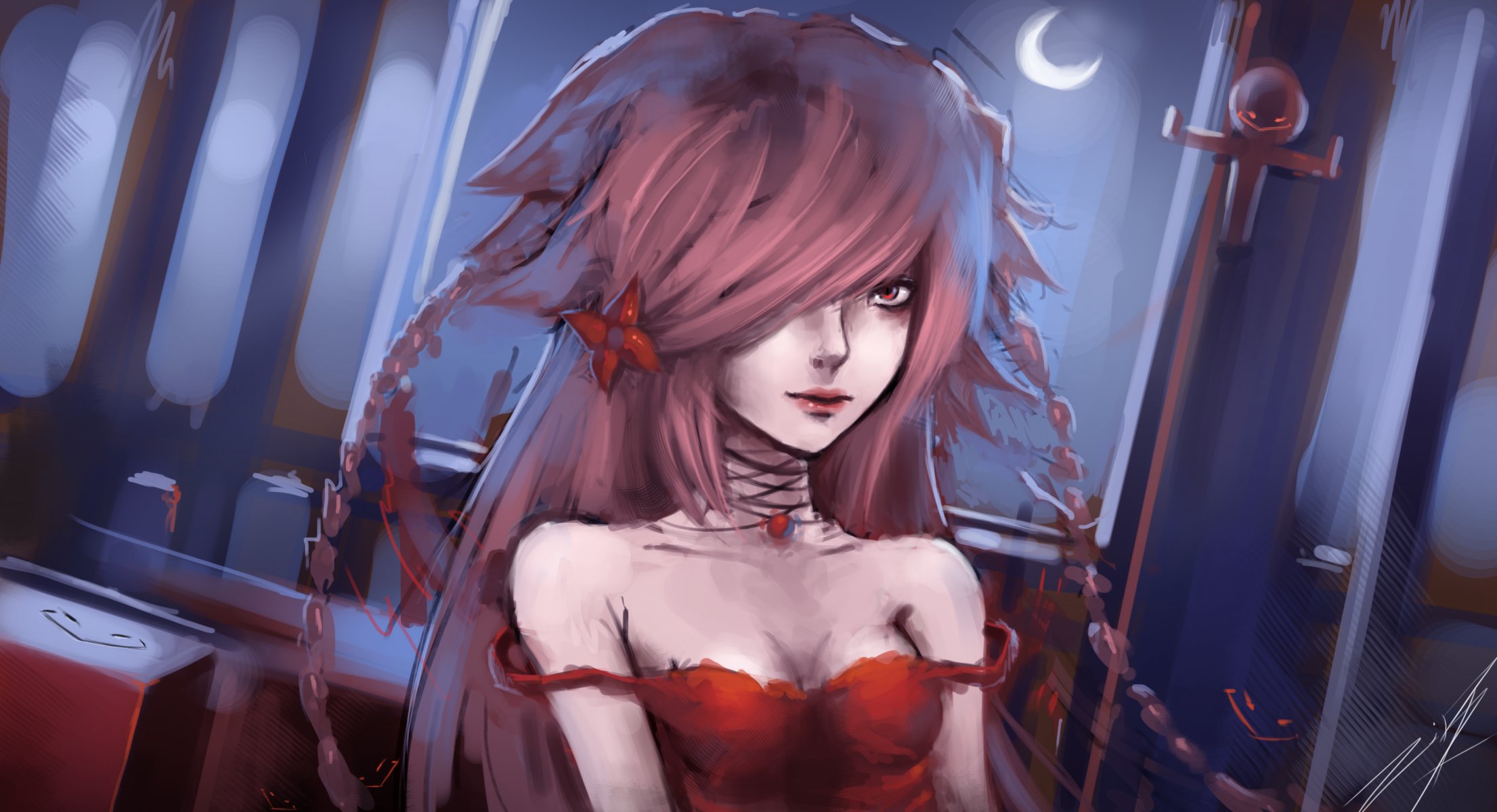 anime vampire girl face view red dress hair faces night moon