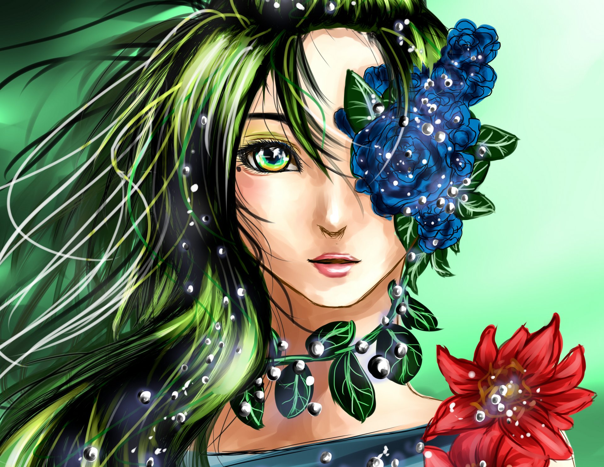 anime fille visage yeux regard cheveux. fleurs feuilles art