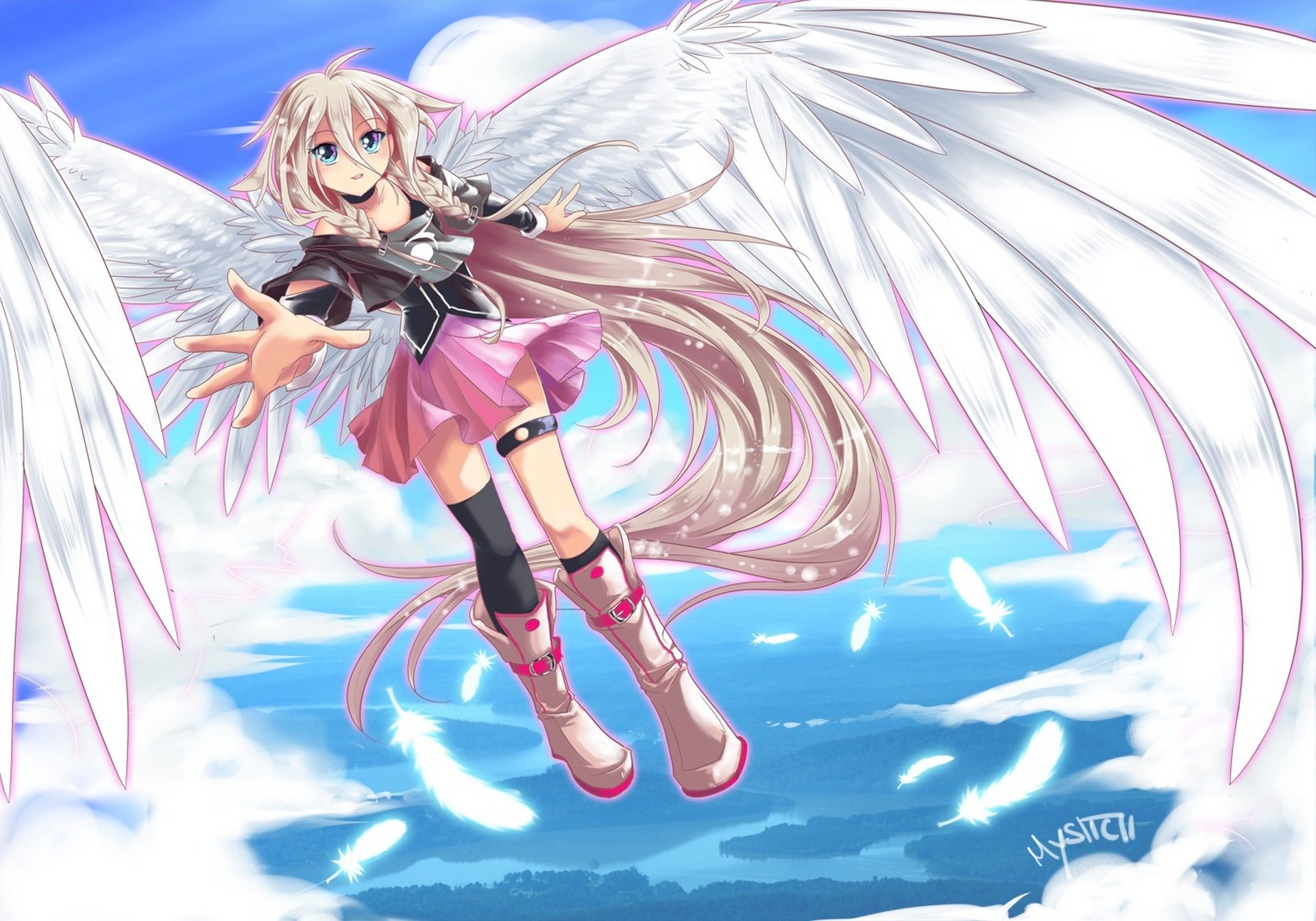 arte vocaloid ia ragazza ali piume cielo vocaloid nuvole natura volo