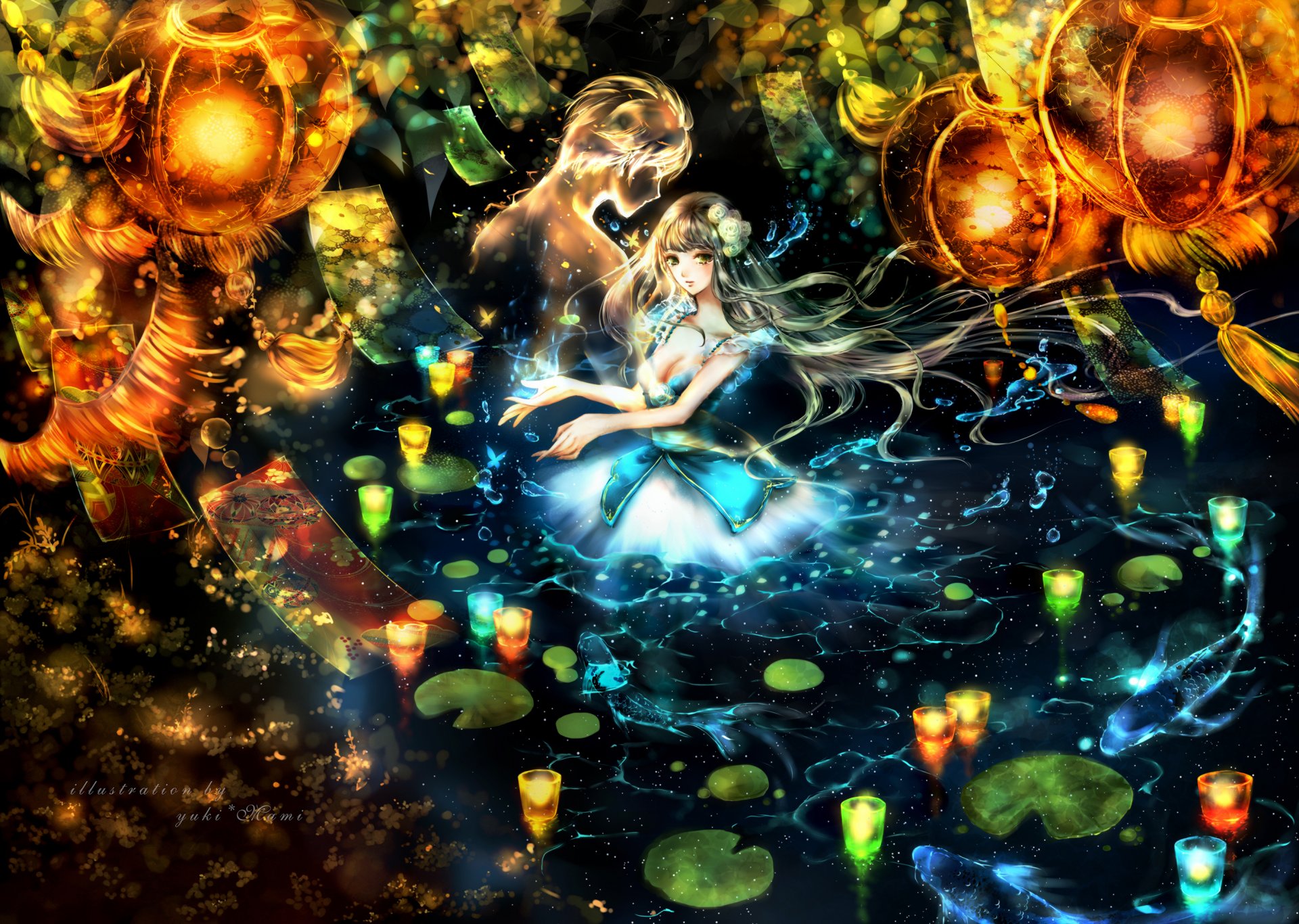 art yuki mami girl guy candles water lamps anime