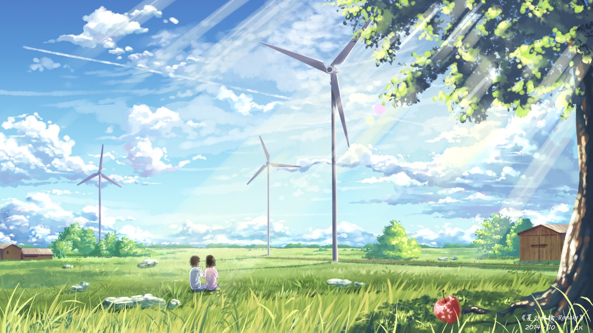 arte yuko-san chica chico naturaleza molinos de viento cielo nubes casas árboles anime