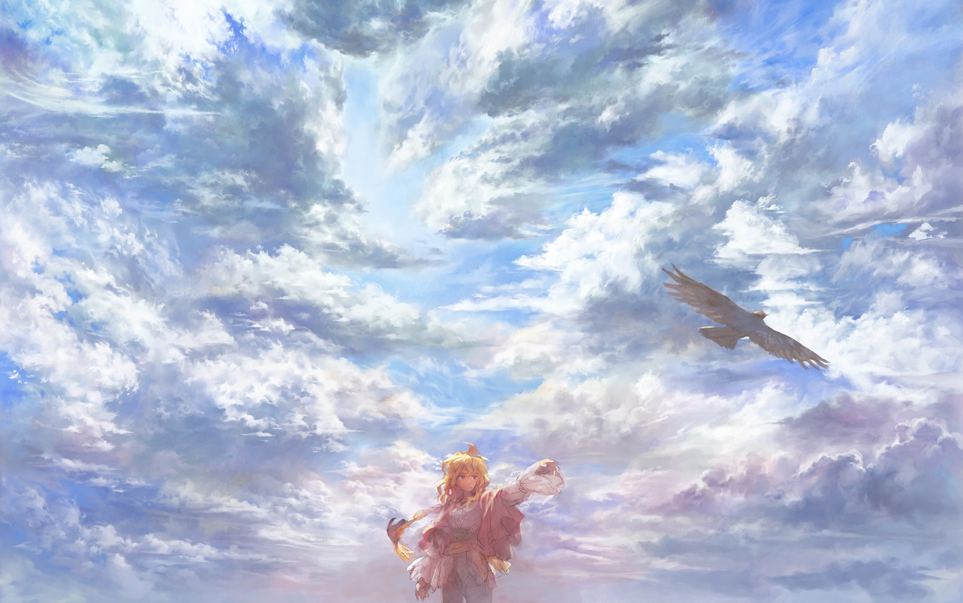 fille ciel nuages vent oiseau