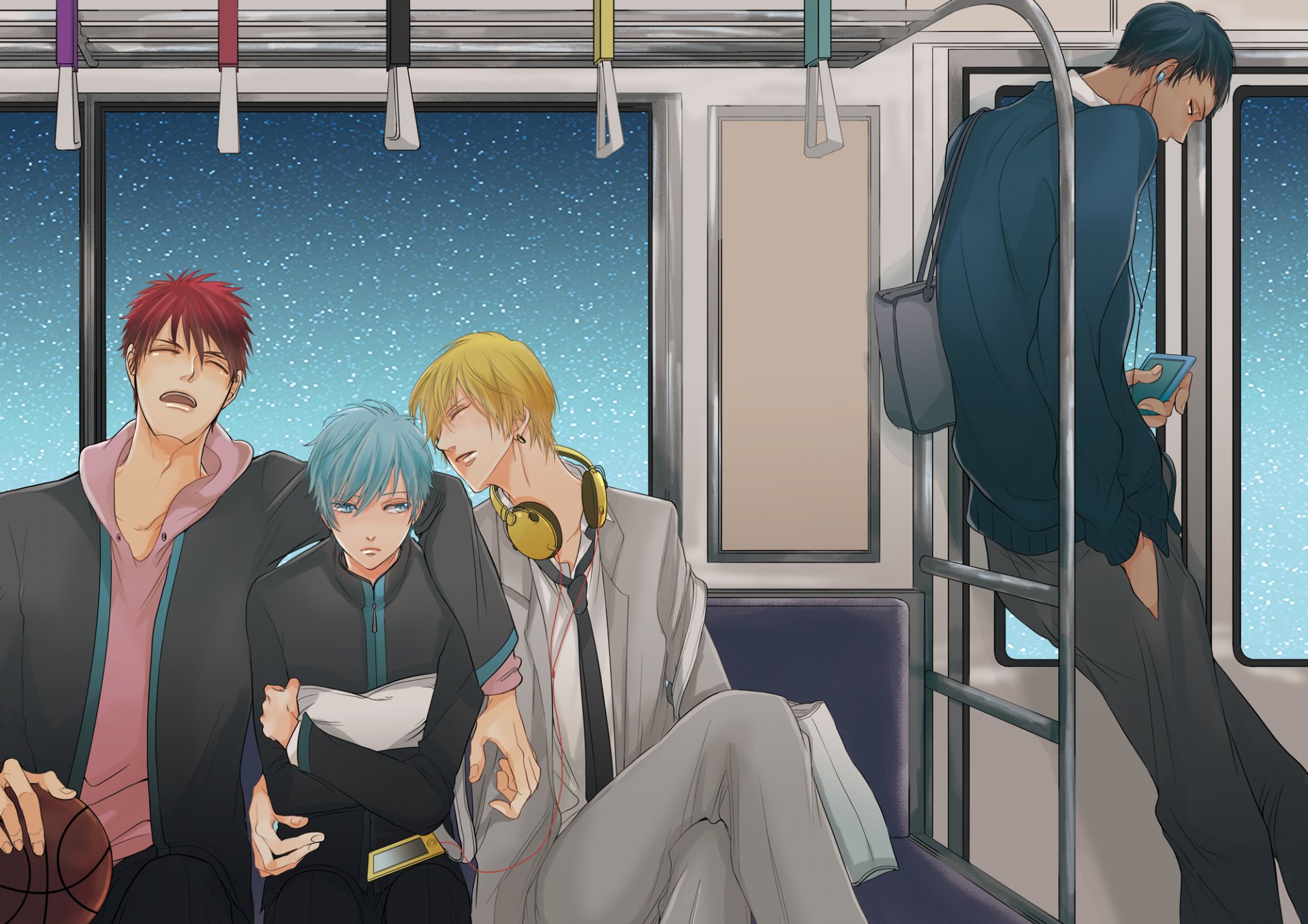 art anime koszykówka kuroko nie kuroko nie kosz tetsuya kuroko kise ryouta aomine daiki kagami taiga chłopaki wagon metro słuchawki gwiazdy niebo