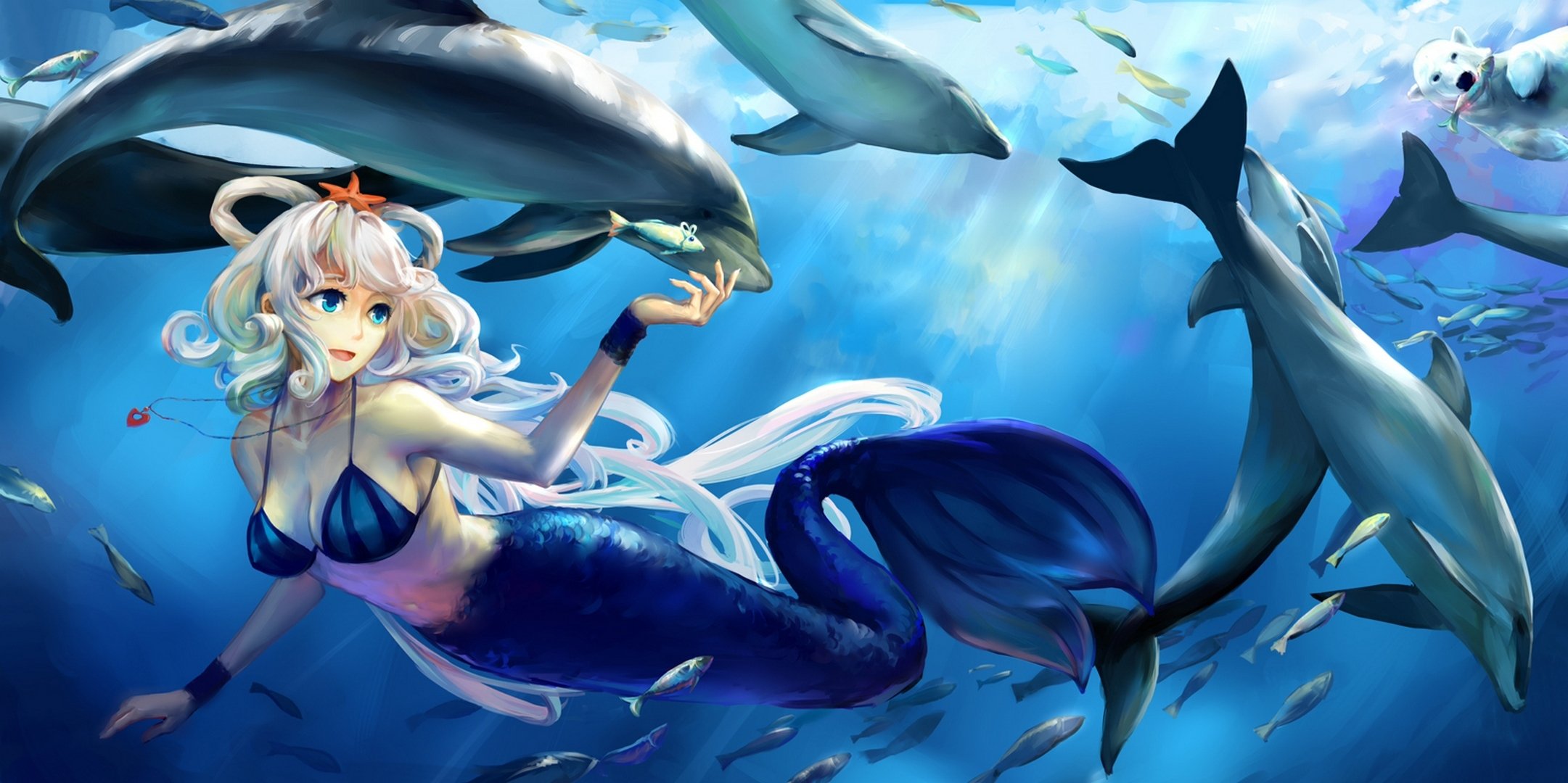 art jiaoshouwen vocaloid luo tianyi mermaid girl underwater bear fish vocaloid star dolphins ocean