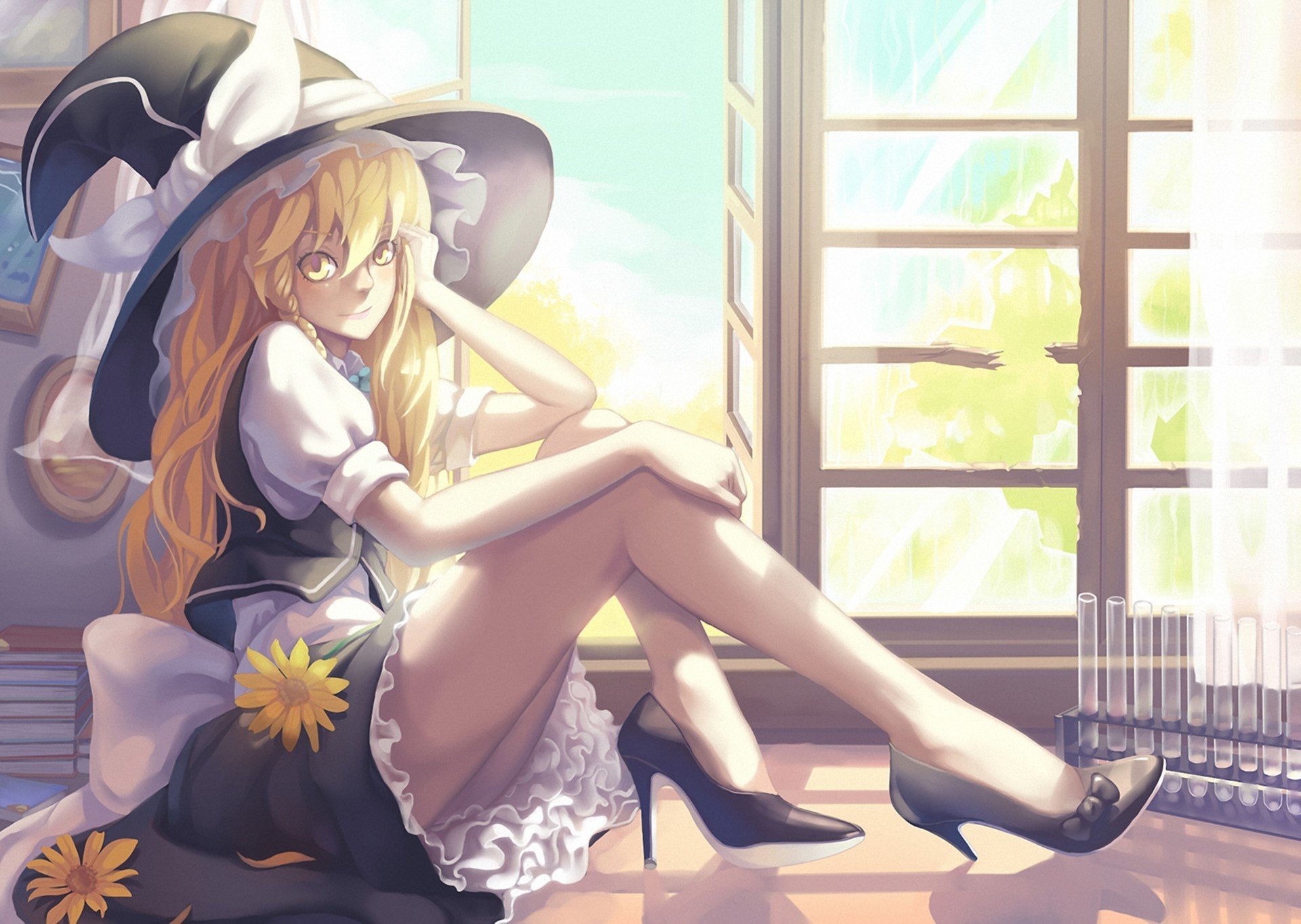 art madyy touhou kirisame marisa fille assis chapeau talons chaussures flacons fleurs fenêtre