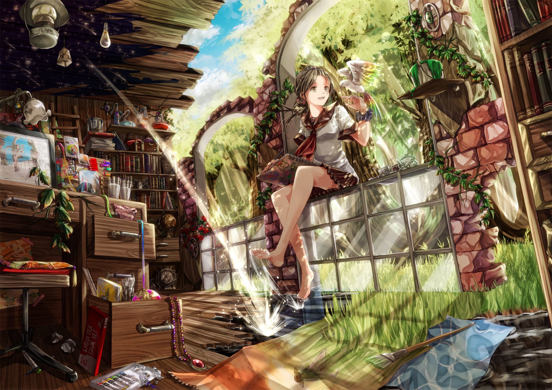 arte iroha siki chica pájaro plantas libros lámparas estantes silla mesa anime naturaleza cielo nubes árboles agua vidrio borla