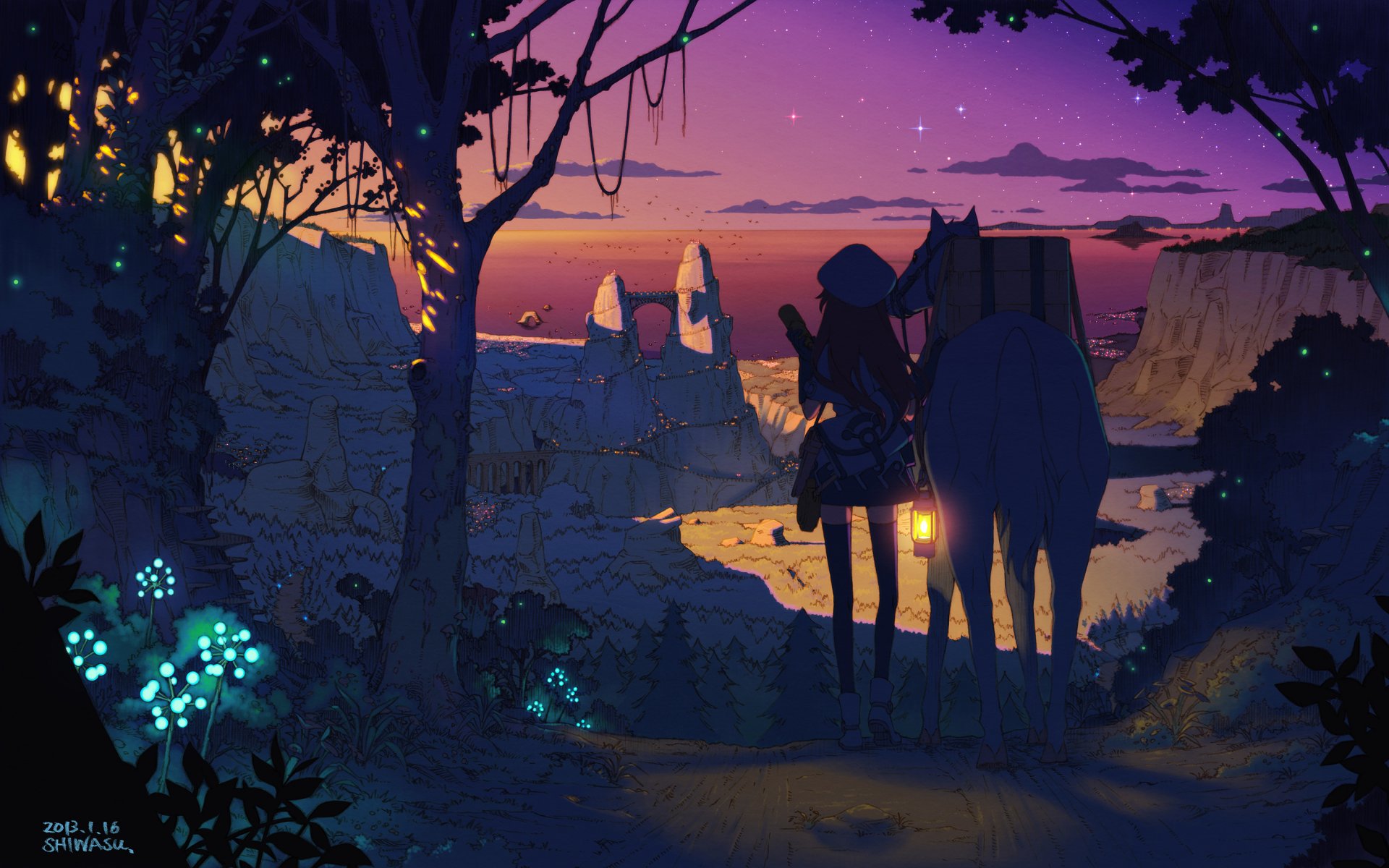 art shiwasu takashi girl sunset nature tree forest horse hat star sky town lights plants anime