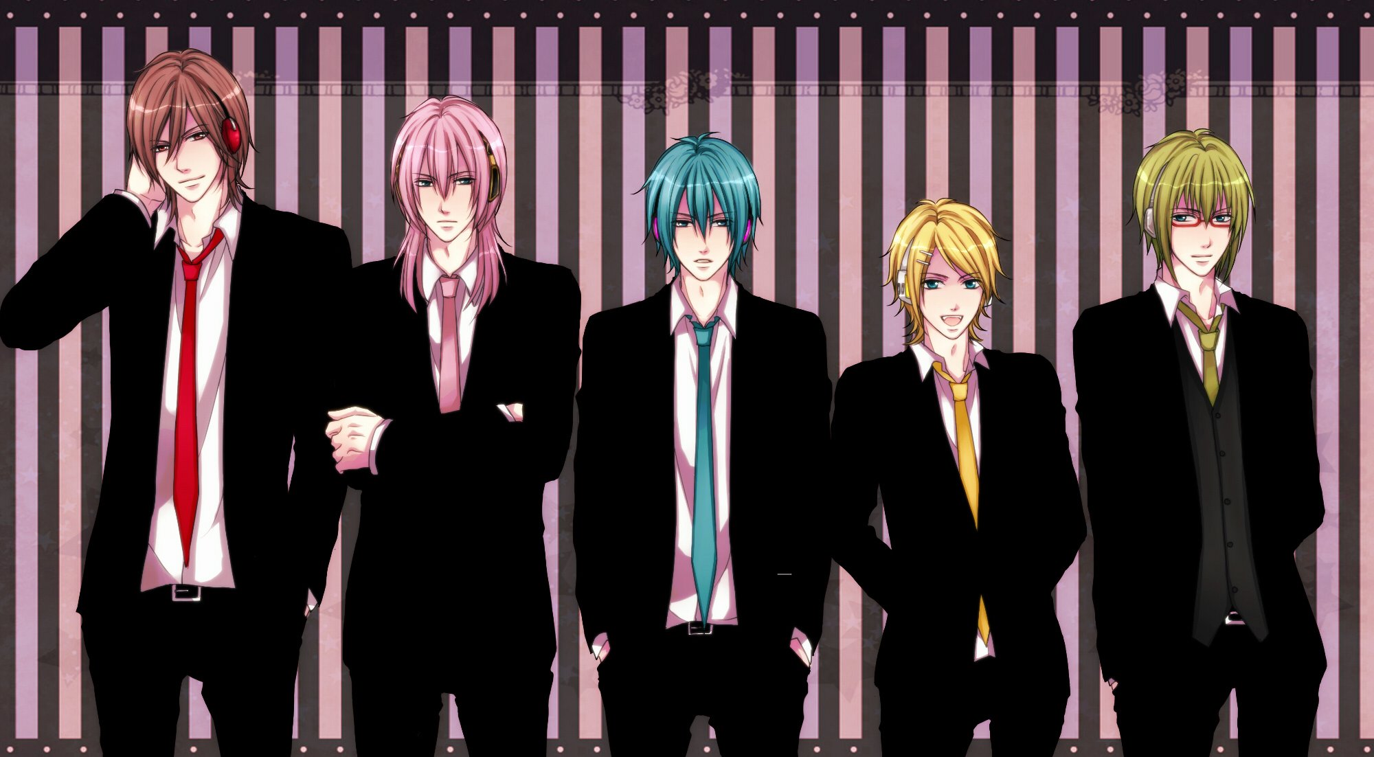 art vocaloid hatsune mikuo gumo meito megurine bows kagamine rinto guys vocaloid suits tie glasses vest headphone