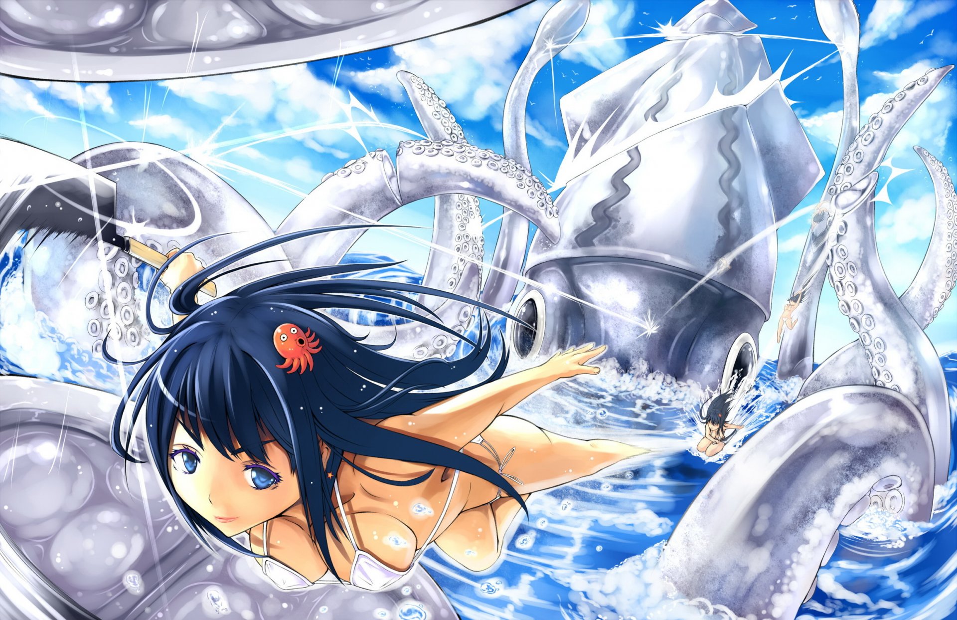 arte chicas agua mar anime tentáculos pulpo cielo nubes armas gotas