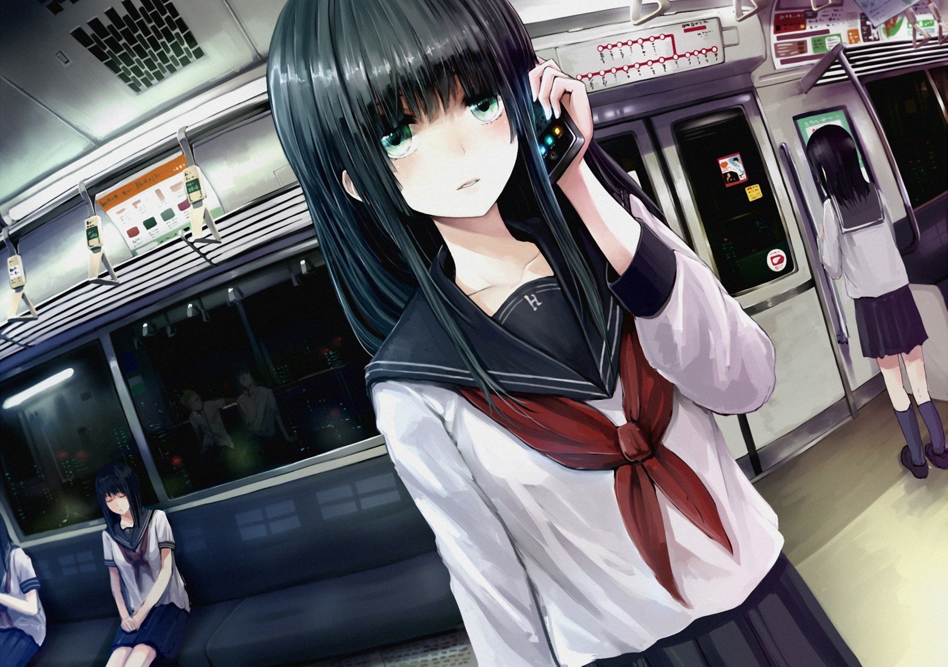 arte minato shouno chica colegiala uniforme metro vagón teléfono móvil ciudad noche luces