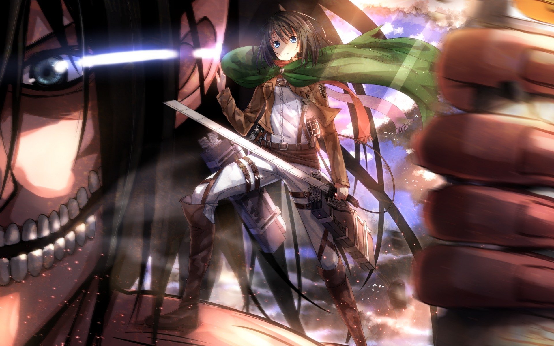 art swordsouls fille mikasa ackerman gars eren jaeger regard geste arme lames géant titan fumée shingeki pas kyojin