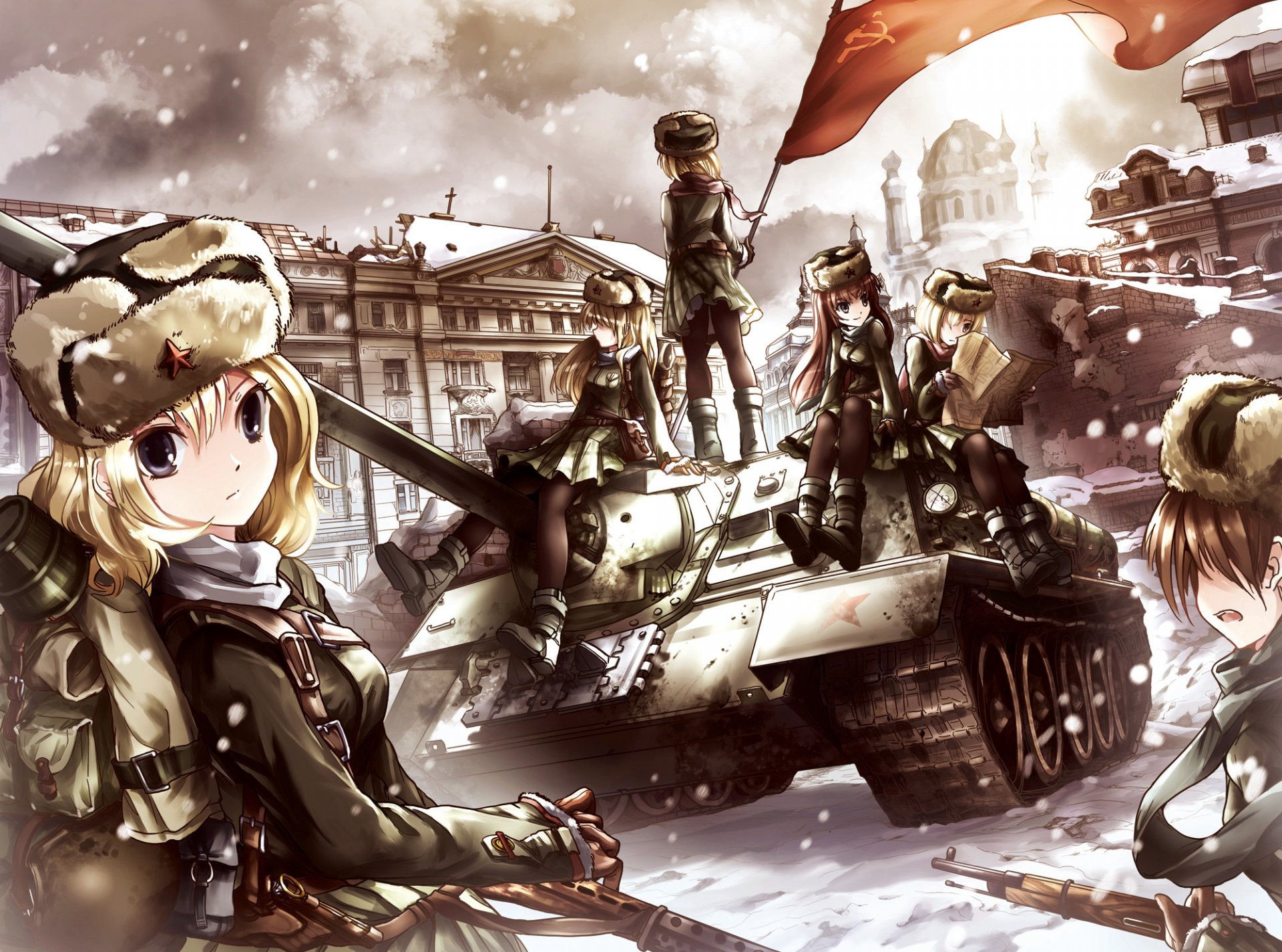 t06 ww2 su-100 girls ruins flag pt-acs weapon rifles winter snow fur cap star the hammer and sickle military uniform