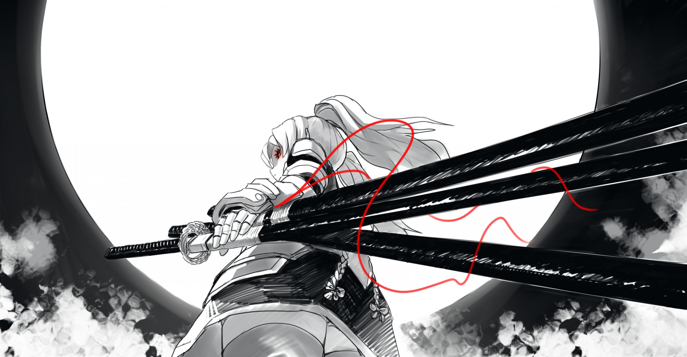 arte fkey ragazza katana arma luna monocromatico filo anime