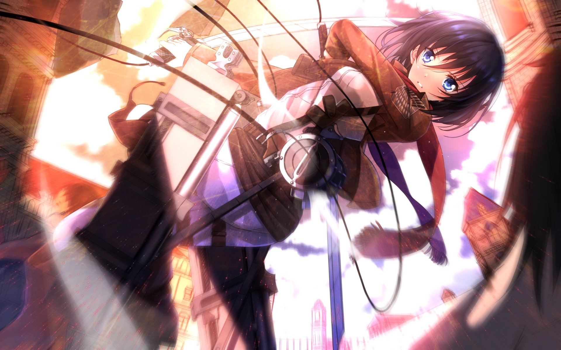 arte swordsouls ragazza mikasa ackerman sguardo sorpresa rabbia volo gesto lame soldato sciarpa shingeki no kyojin