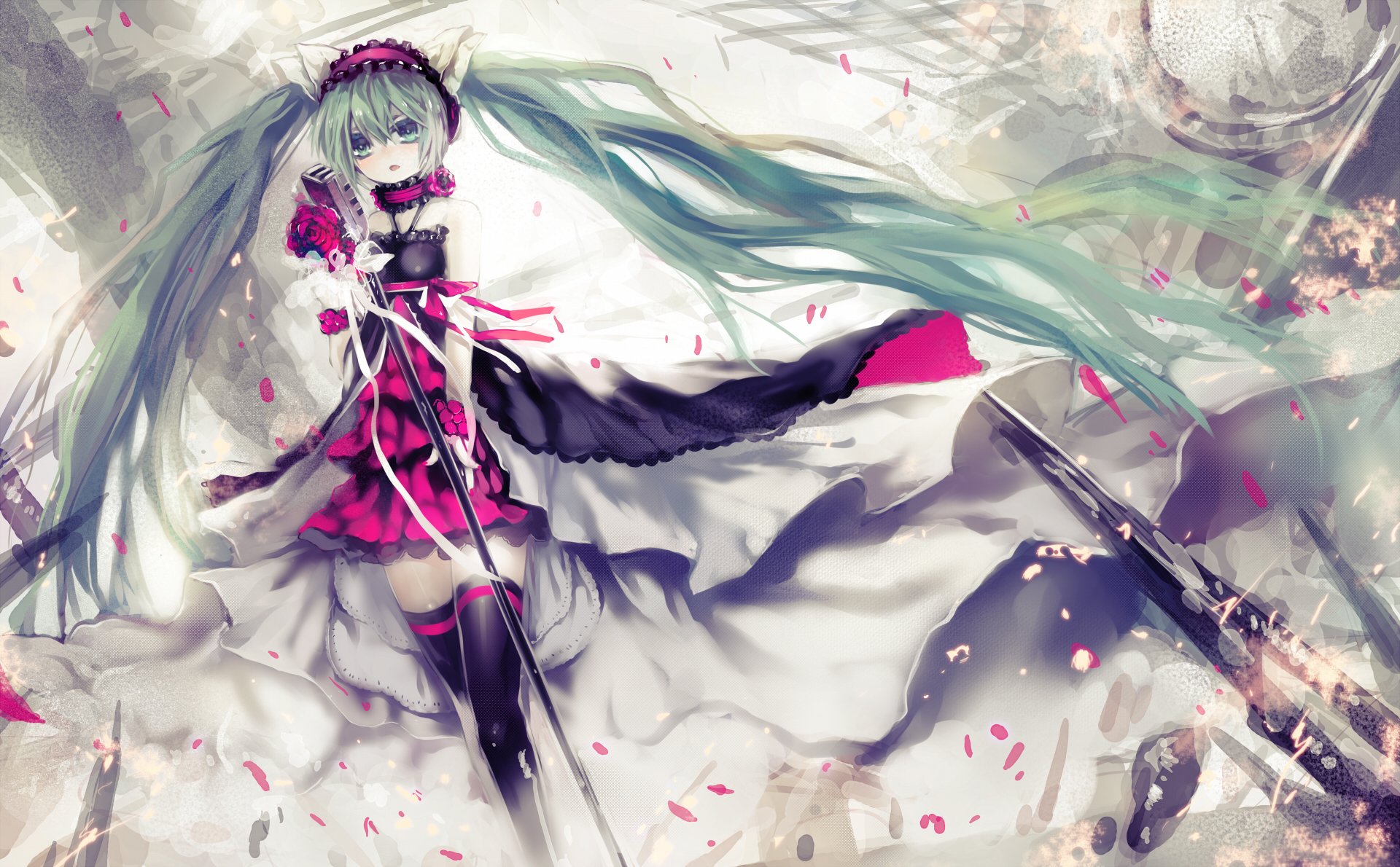 kunst utm 7 drachen vocaloid hatsune miku mädchen mikrofon blütenblätter rosen vocaloid blumen kopfhörer ohren