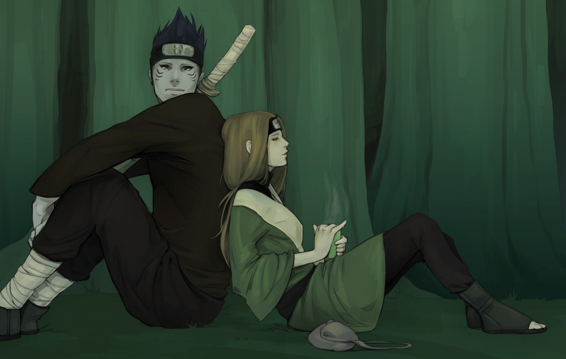 arte l. pilz naruto hoshigaki kisame fidanzato ragazza seduta spada bandana foresta borsa tè