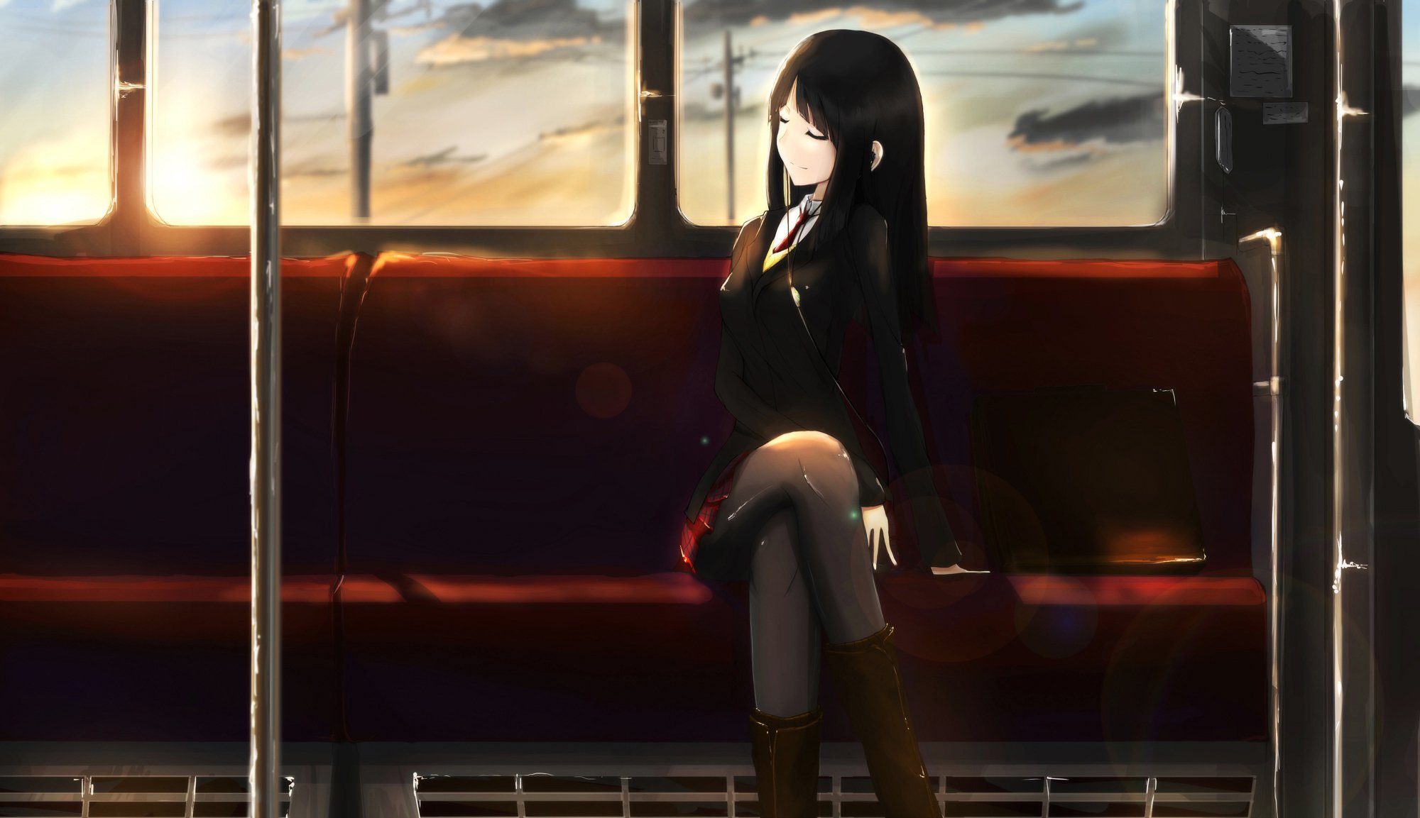 art kikivi girl smile sitting car train headphones music sunset