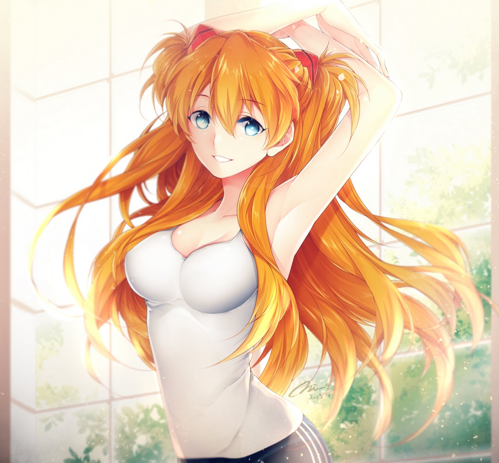 art mirunai girl shikinami asuka langley view smile breasts jersey sun neon genesis evangelion