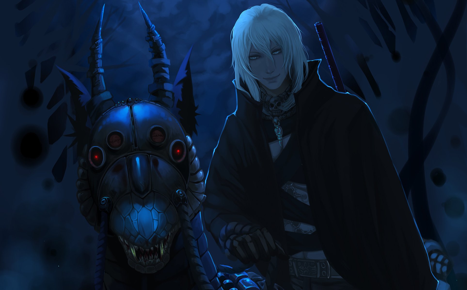 guy monster night red eyes moonlight horn smile grin fangs skull