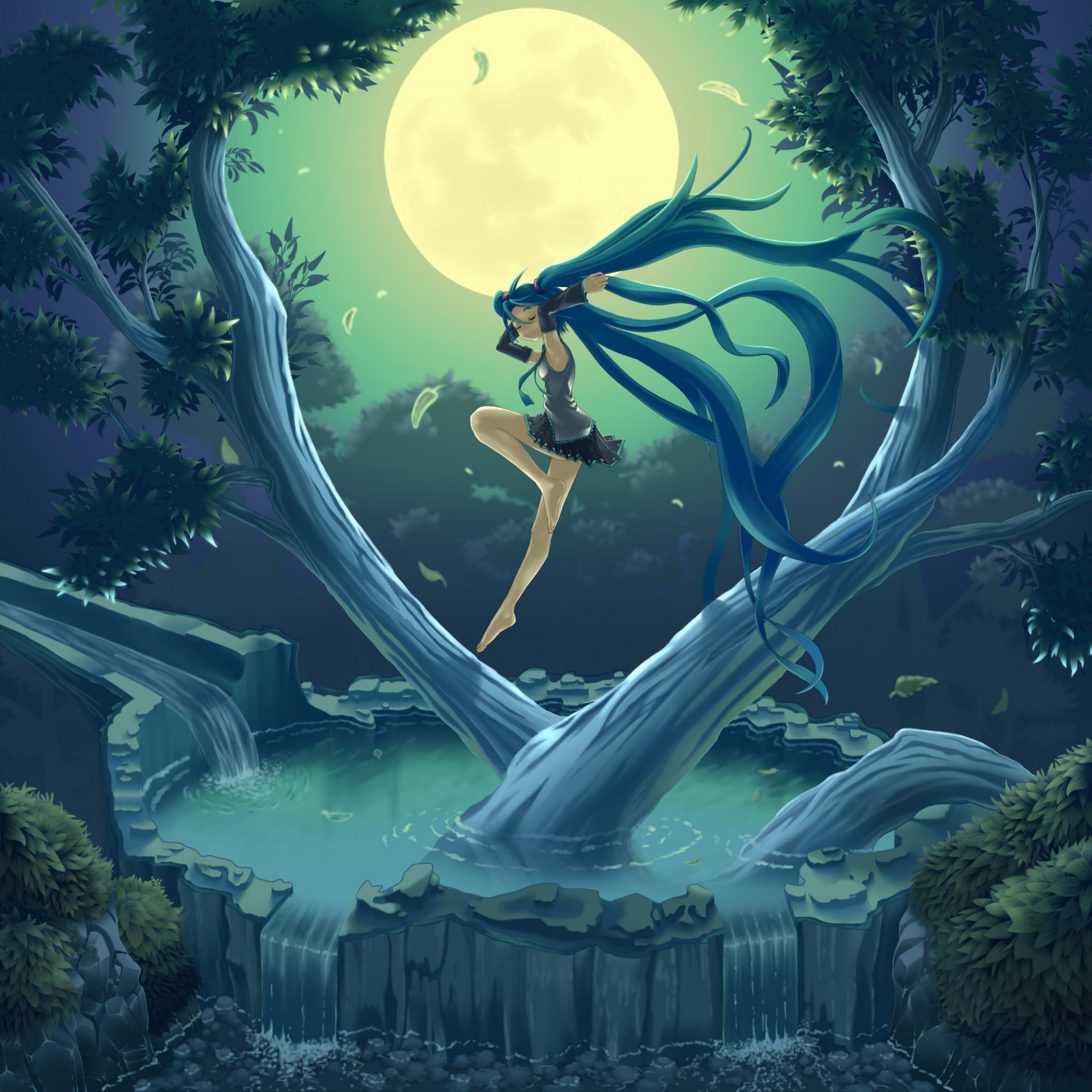 kunst hase vocaloid mädchen baum wasser vocaloid hatsune miku natur nacht himmel mond