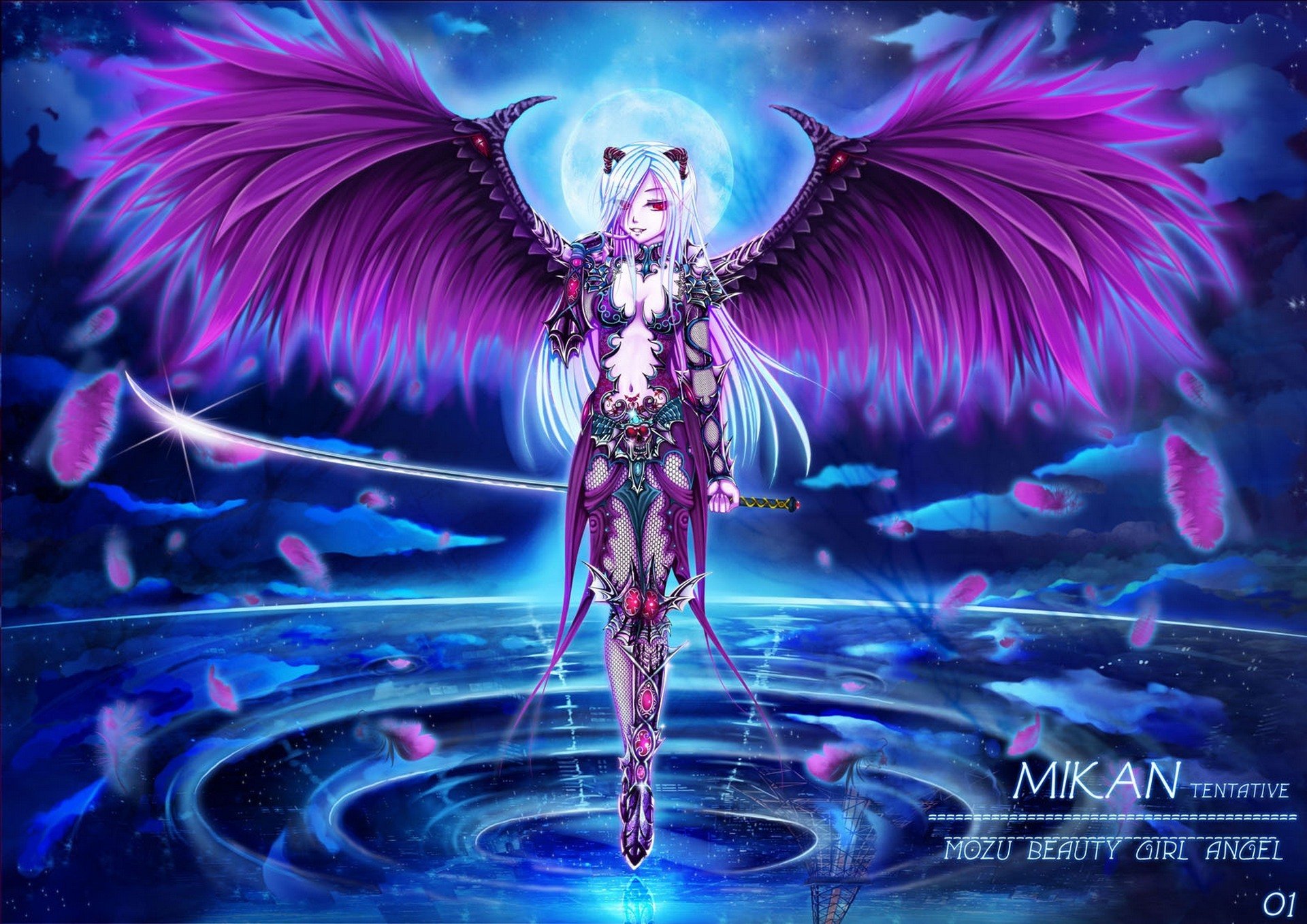 art wait girl horn wings sword weapon water reflection feathers moon sky clouds anime