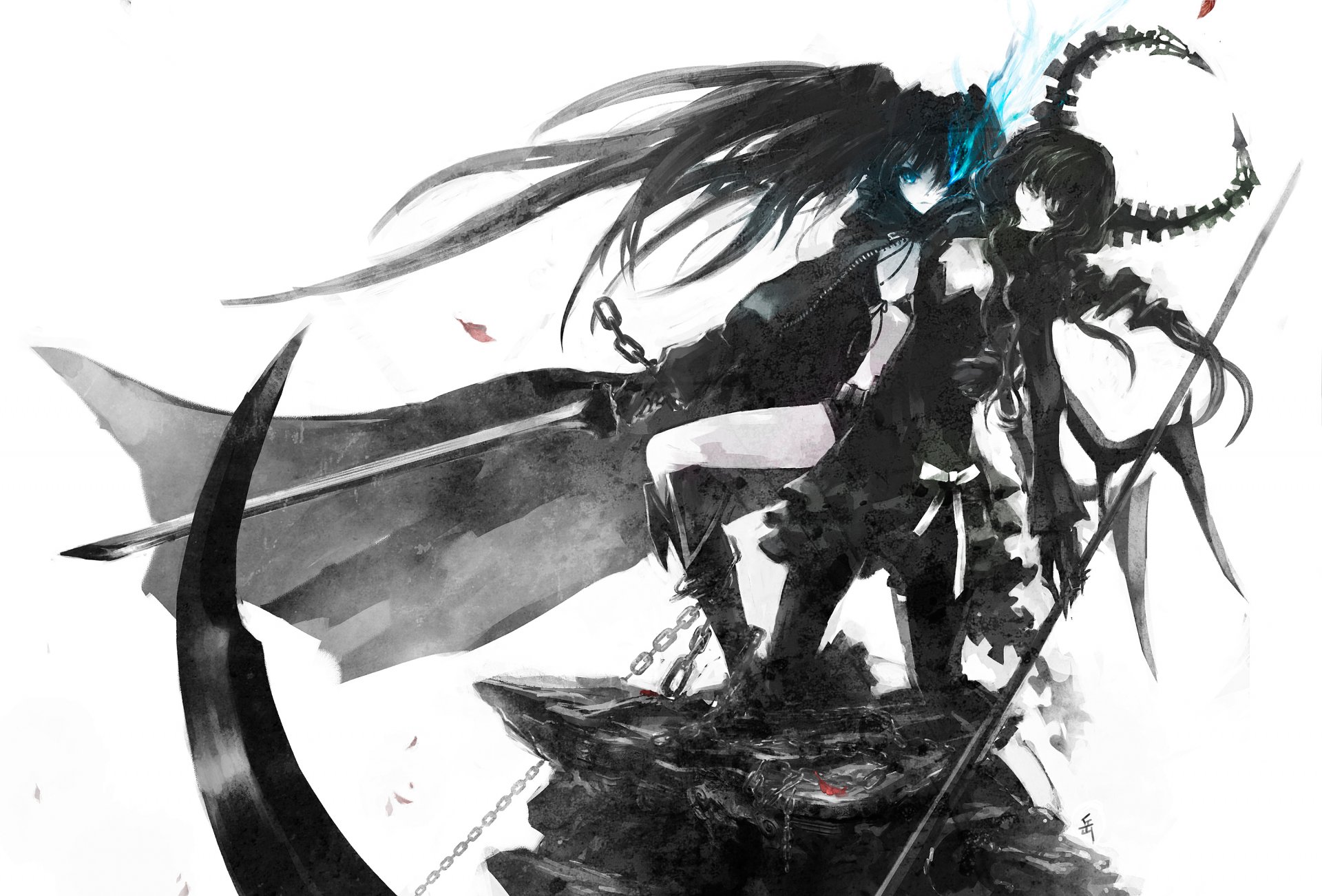 black rock shooter kuroi mato takanashi yomi black rock shooter ragazza arma spada treccia mantello fiamma blu catena archlich