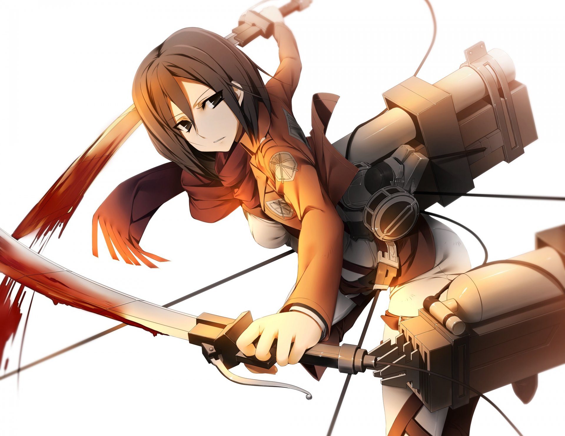 art kamitsurugi ouka girl mikasa ackerman view gesture weapon blood cable flight shingeki no kyojin