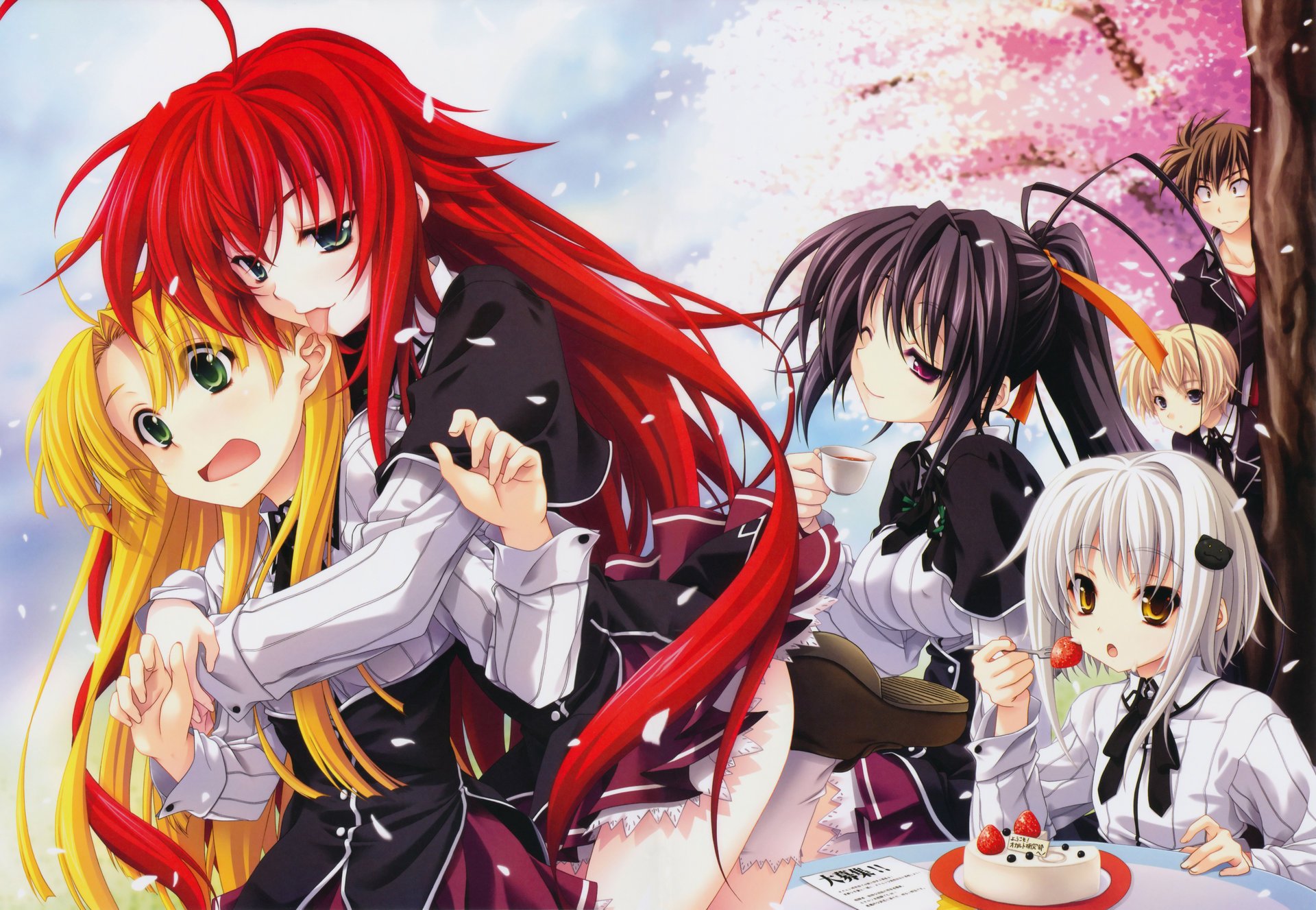 art miyama zero anime liceum dxd 139 rias gremory asia argento toujou koneko himejima akeno dziewczyny chłopak uczniowie język sakura płatki kształt ciasto truskawka