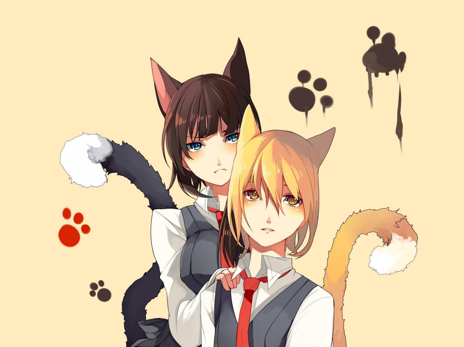 anime fille chat neko oreilles queue de cheval uniforme scolaire empreintes pattes