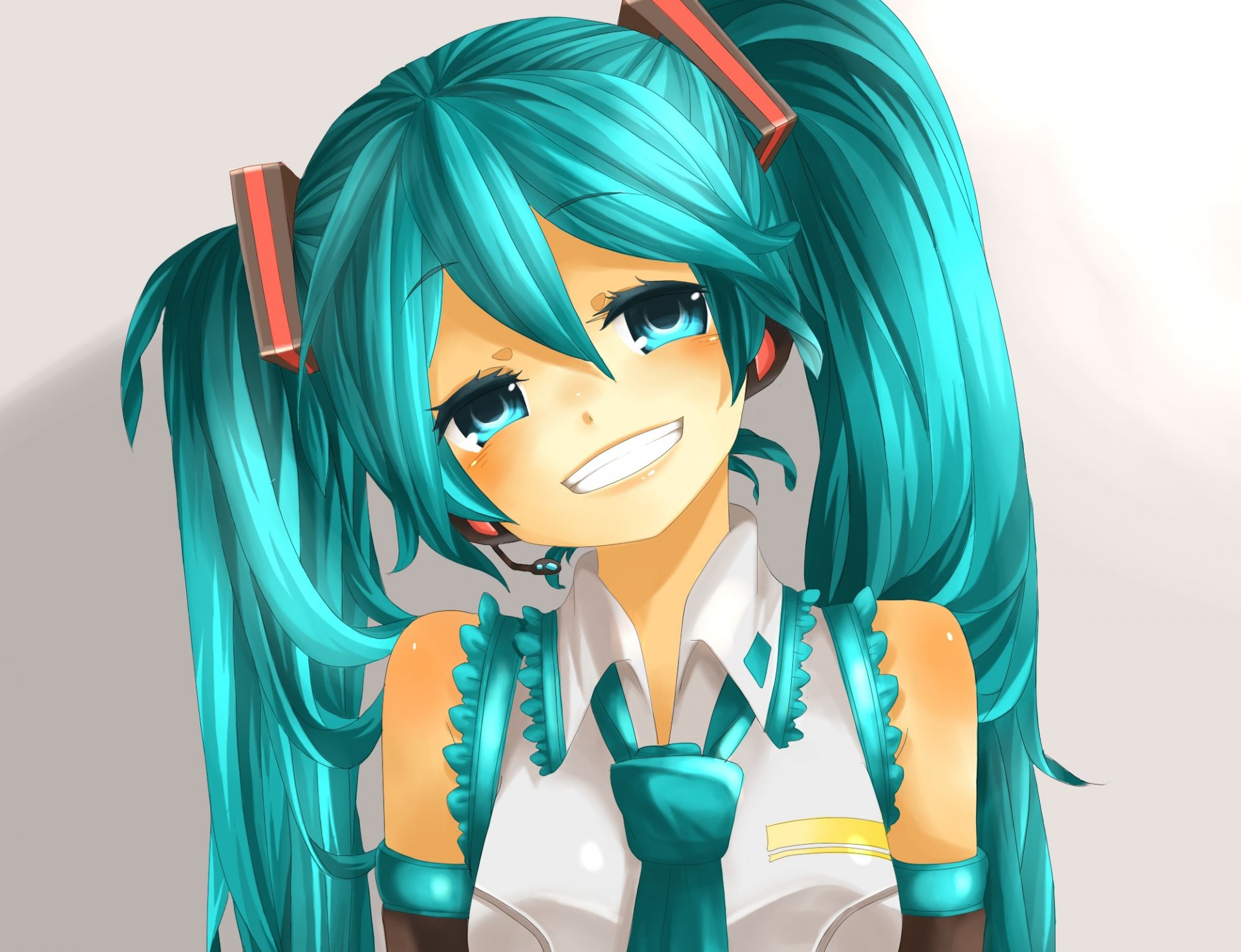 arte rojiko vocaloid hatsune miku chica sonrisa micrófono vocaloid ojos auriculares corbata