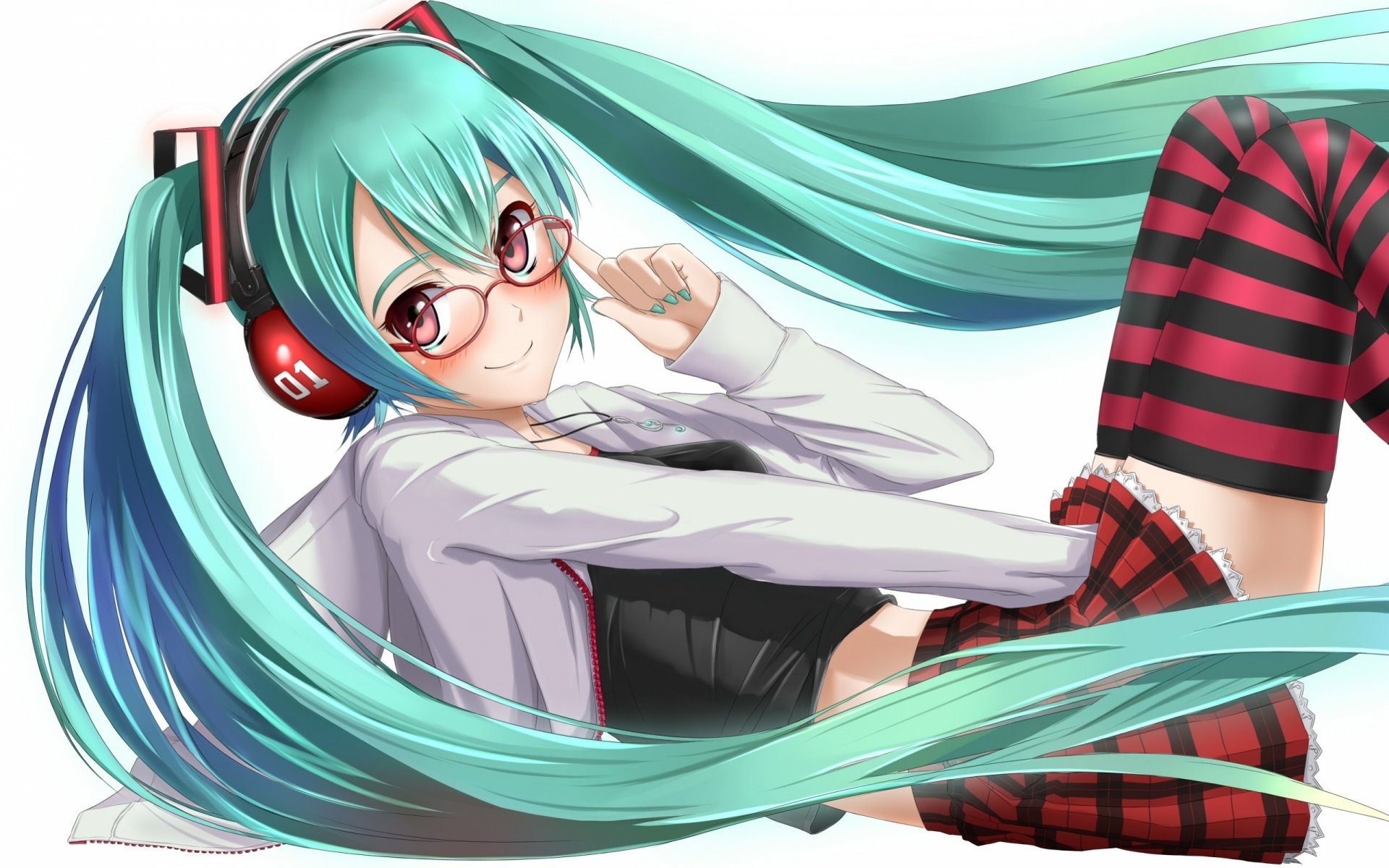 art girl hatsune miku look smile embarrassment lies glasses headphones vocaloid vocaloid