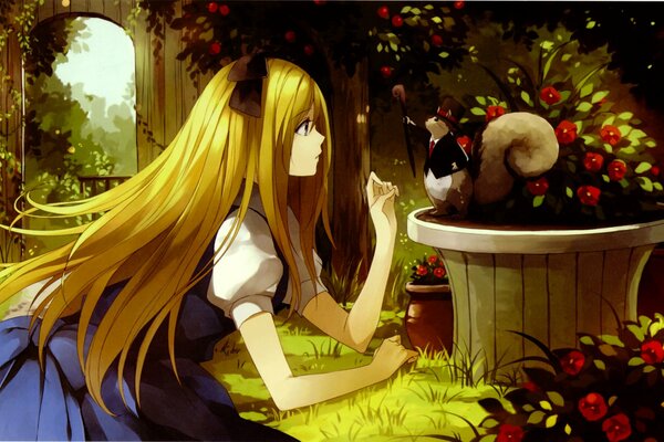 Alice au pays des merveilles dans le jardin avec un écureuil dans un chapeau