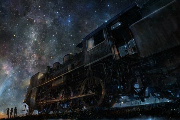 Dessin d une locomotive la nuit sous les étoiles