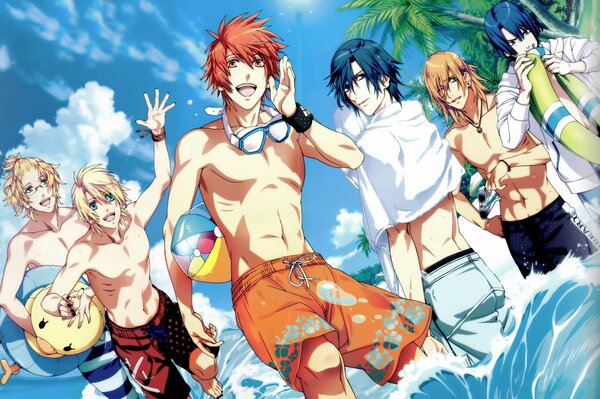 Anime chicos en la playa de verano