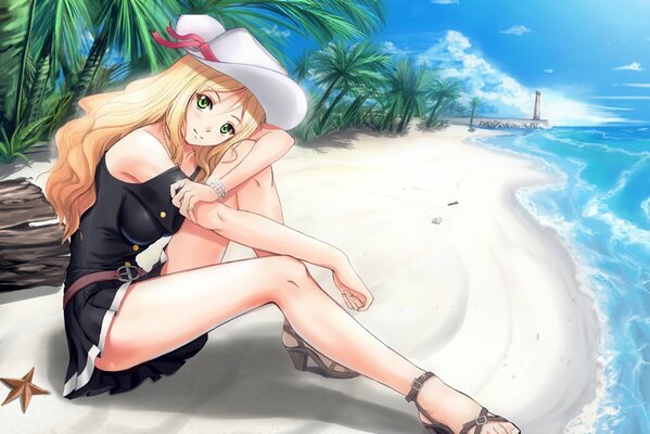 Anime-Zeichnung eines Mädchens in einem Kleid, das am Strand unter Palmen sitzt