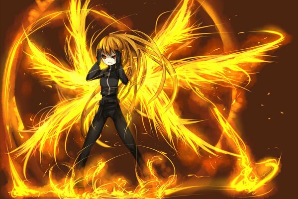 Art of a girl in a black suit with fiery wings