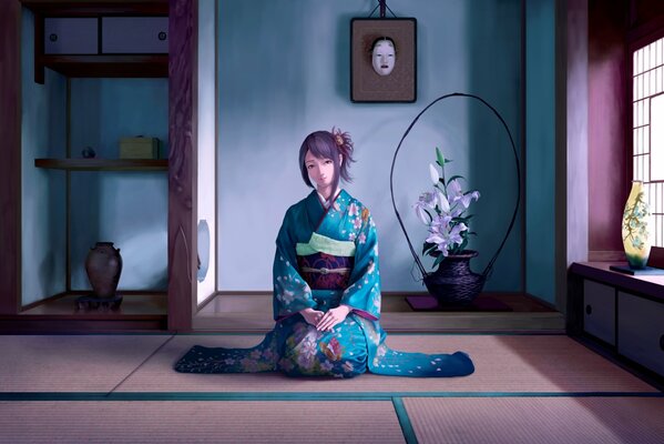 Fille en kimono dans la chambre