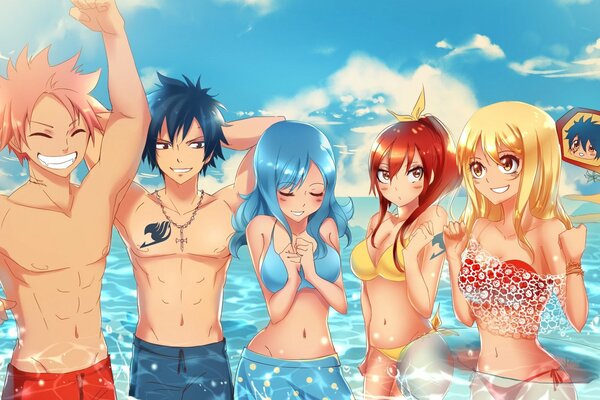 Anime mit fünf Jungs und Mädchen am Strand