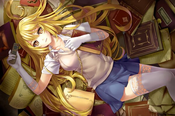 Anime schoolgirl lies among the books