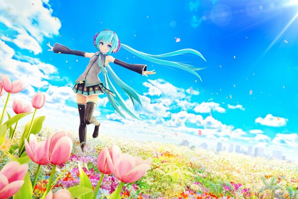 A cute girl with long blue hair joyfully runs through a flower field drenched in the sun