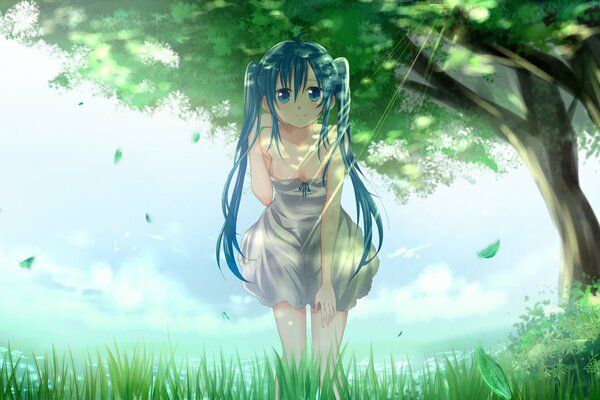 A modest girl with blue tails stands in the shade of a green tree on the grass