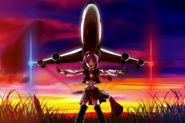 Anime girl on the background of an airplane at sunset