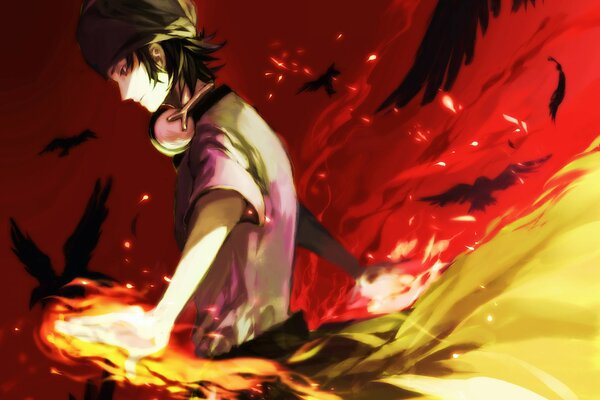 Misaki yata with fire on the background of birds