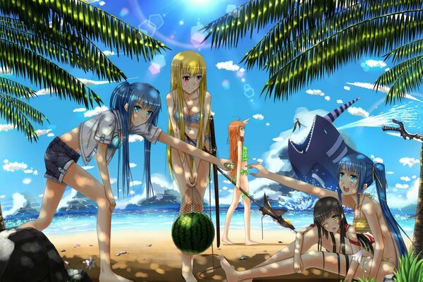 Chicas anime en la playa del mar