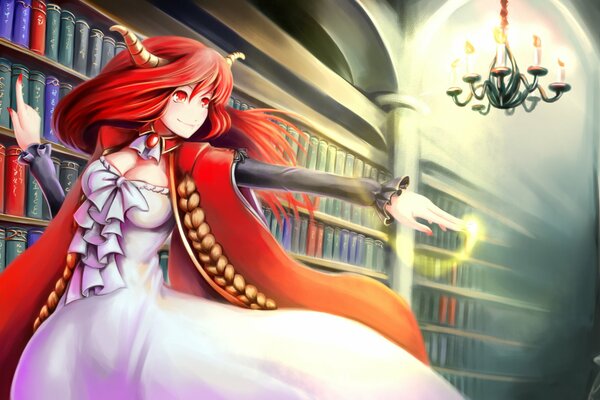 A magical library and a red-haired girl with red eyes