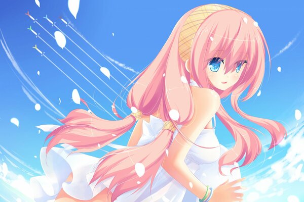 Girl with pink hair in clouds art style