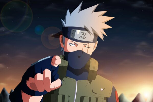 Anime Naruto. Kakashi wskazuje palcem